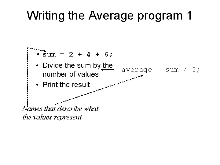 Writing the Average program 1 • sum = 2 + 4 + 6; •