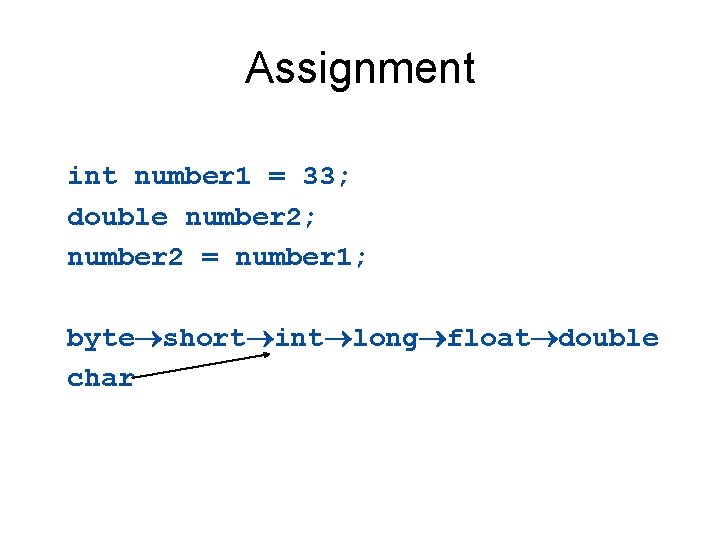 Assignment int number 1 = 33; double number 2; number 2 = number 1;