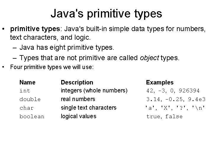 Java's primitive types • primitive types: Java's built-in simple data types for numbers, text Java's primitive types • primitive types: Java's built-in simple data types for numbers, text