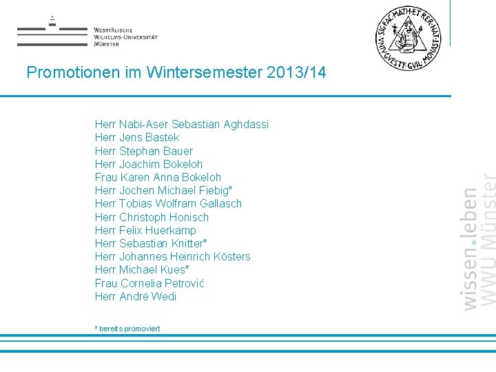 Promotionen im Wintersemester 2013/14 Herr Nabi-Aser Sebastian Aghdassi Herr Jens Bastek Herr Stephan Bauer