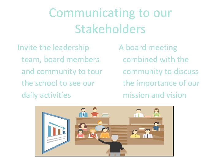 Communicating to our Stakeholders Invite the leadership team, board members and community to tour