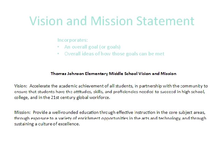 Vision and Mission Statement Incorporates: • An overall goal (or goals) • Overall ideas
