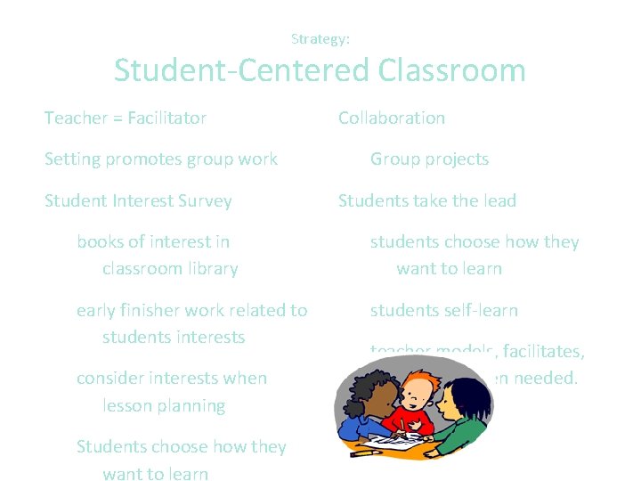 Strategy: Student-Centered Classroom Teacher = Facilitator Setting promotes group work Student Interest Survey Collaboration
