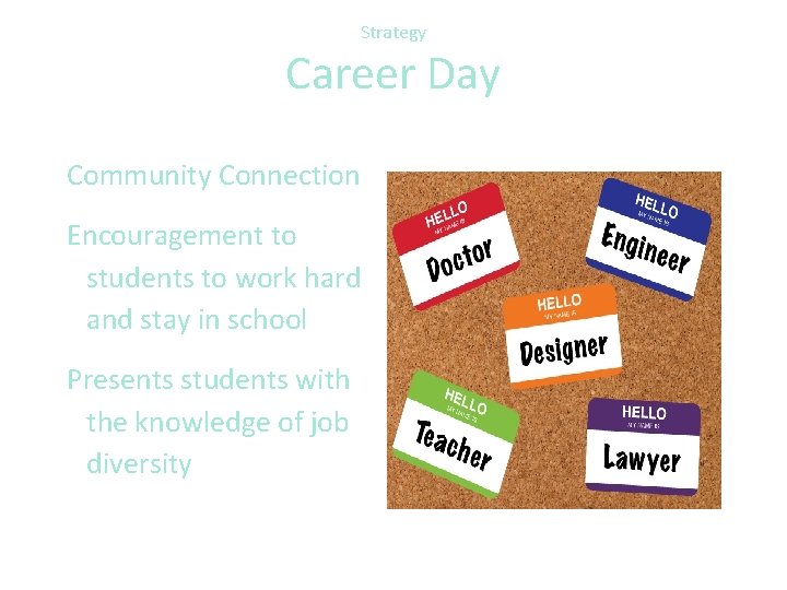 Strategy Career Day Community Connection Encouragement to students to work hard and stay in