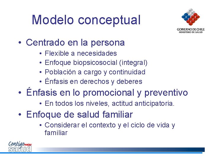 Modelo conceptual • Centrado en la persona • • Flexible a necesidades Enfoque biopsicosocial