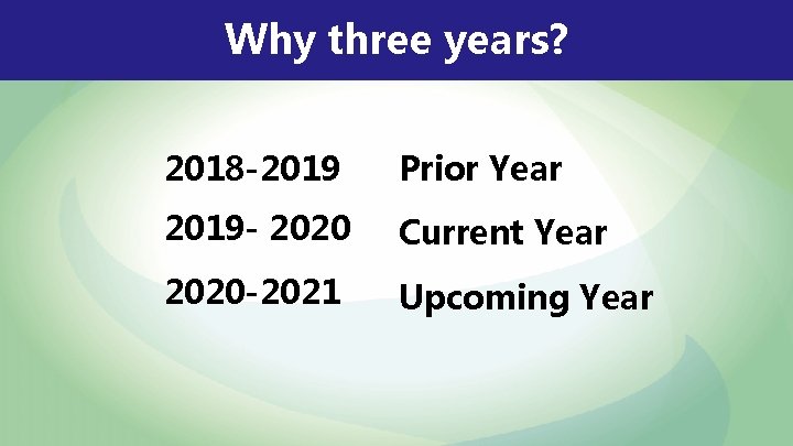 Why three years? 2018 -2019 Prior Year 2019 - 2020 Current Year 2020 -2021
