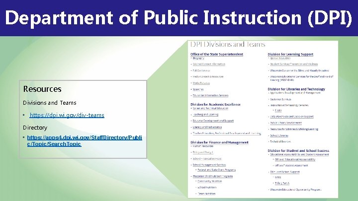 Department of Public Instruction (DPI) Resources Divisions and Teams • https: //dpi. wi. gov/div-teams