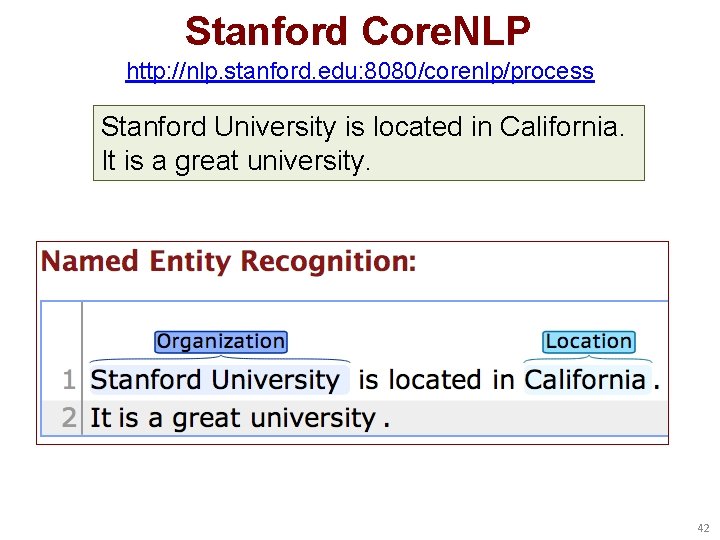 Stanford Core. NLP http: //nlp. stanford. edu: 8080/corenlp/process Stanford University is located in California.