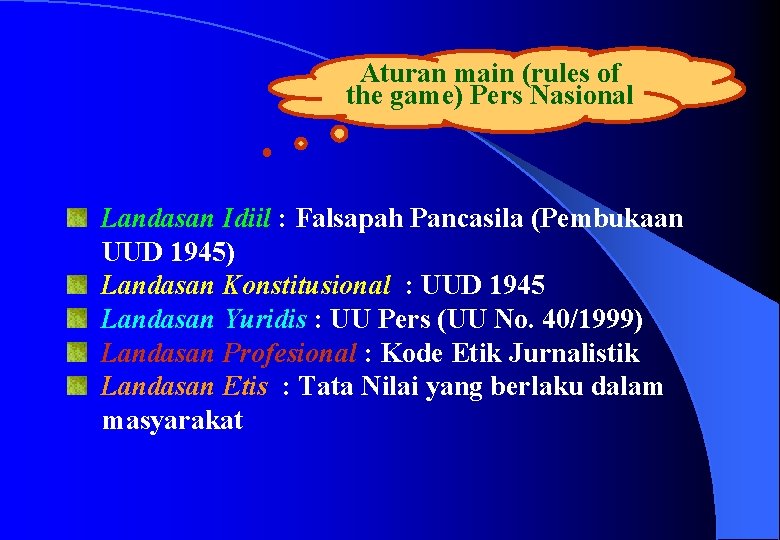 Aturan main (rules of the game) Pers Nasional Landasan Idiil : Falsapah Pancasila (Pembukaan