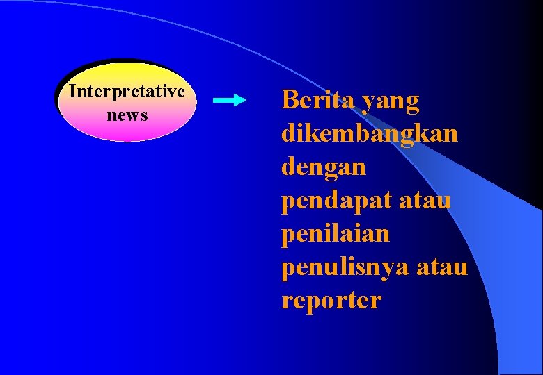 Interpretative news Berita yang dikembangkan dengan pendapat atau penilaian penulisnya atau reporter 