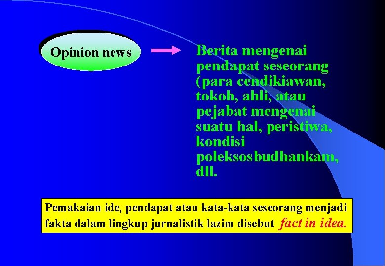 Opinion news Berita mengenai pendapat seseorang (para cendikiawan, tokoh, ahli, atau pejabat mengenai suatu