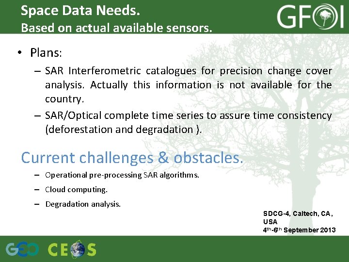 Space Data Needs. Based on actual available sensors. • Plans: – SAR Interferometric catalogues