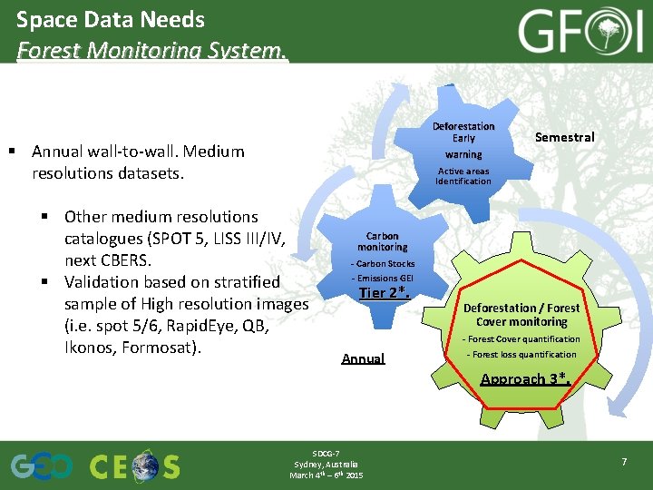 Space Data Needs Forest Monitoring System. Deforestation Early warning § Annual wall-to-wall. Medium resolutions