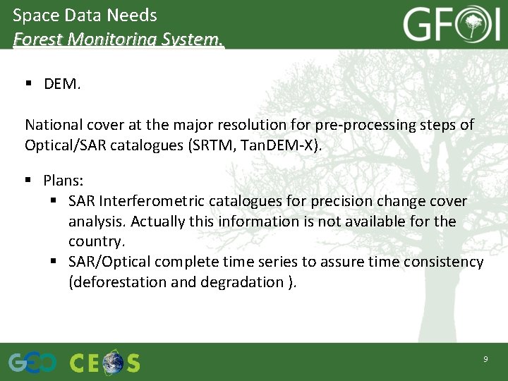 Space Data Needs Forest Monitoring System. § DEM. National cover at the major resolution