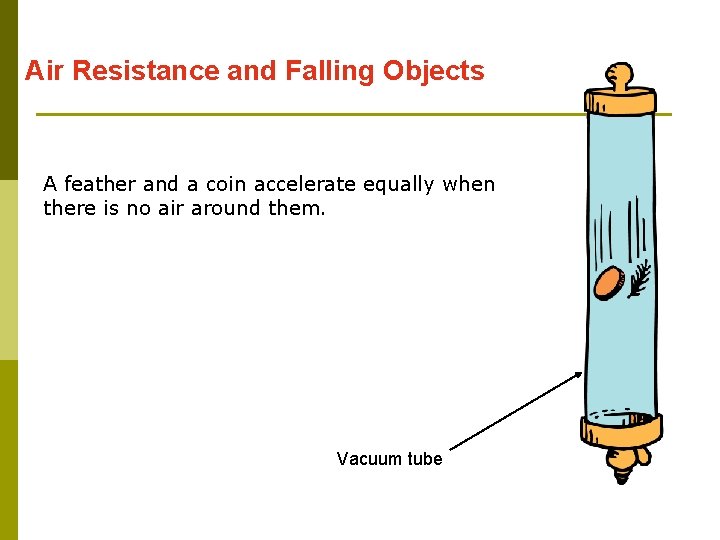 Air Resistance and Falling Objects A feather and a coin accelerate equally when there