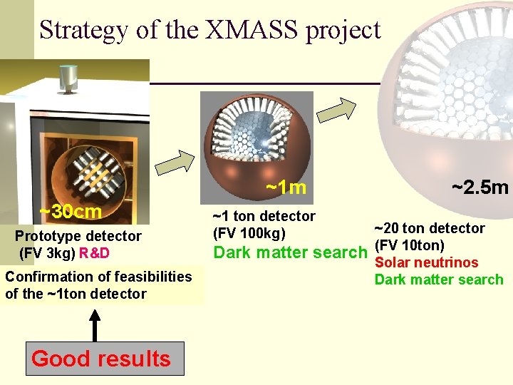 Strategy of the XMASS project ~1 m ~30 cm Prototype detector (FV 3 kg)