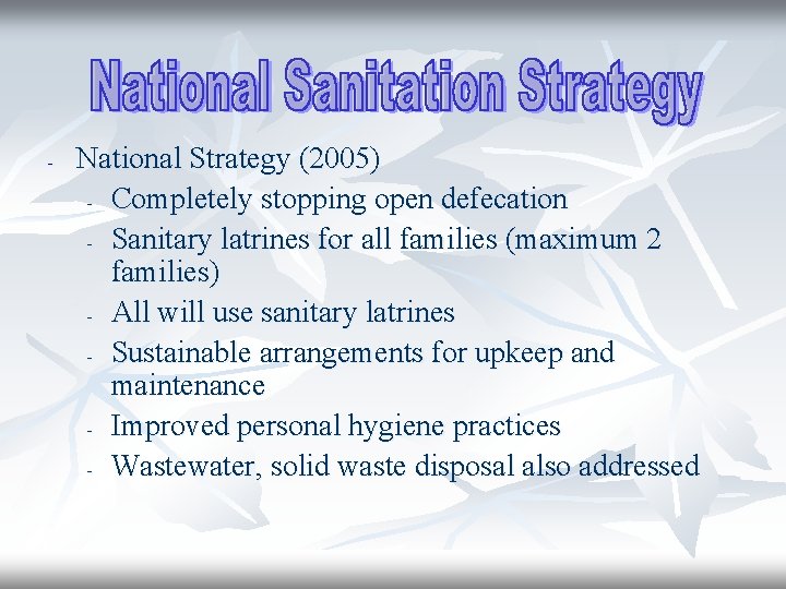 - National Strategy (2005) - Completely stopping open defecation - Sanitary latrines for all