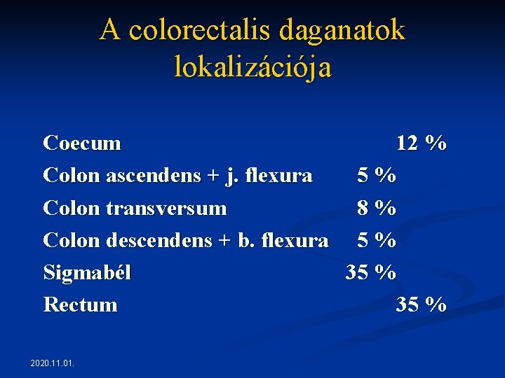 A colorectalis daganatok lokalizációja Coecum 12 % Colon ascendens + j. flexura 5% Colon A colorectalis daganatok lokalizációja Coecum 12 % Colon ascendens + j. flexura 5% Colon