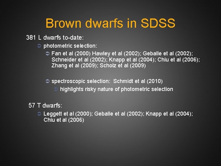 Brown dwarfs in SDSS 381 L dwarfs to-date: Ü photometric selection: Ü Fan et