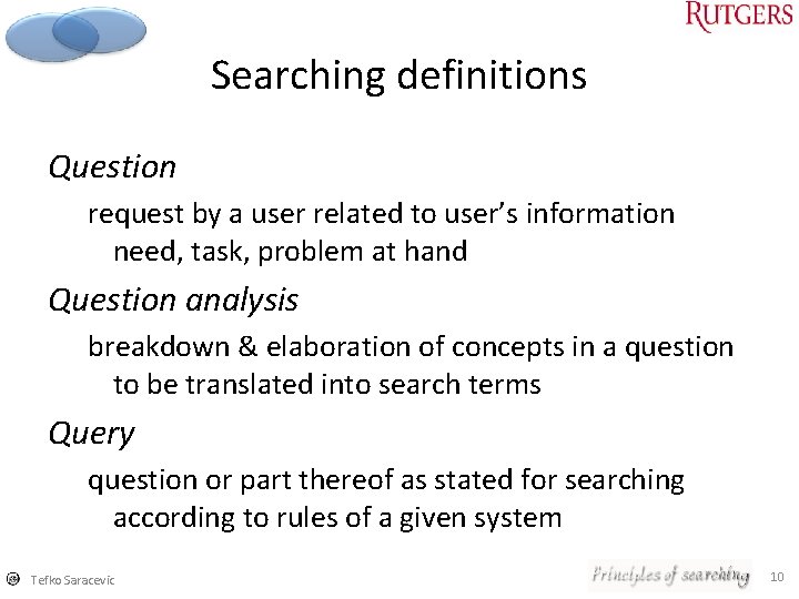 Searching definitions Question request by a user related to user’s information need, task, problem