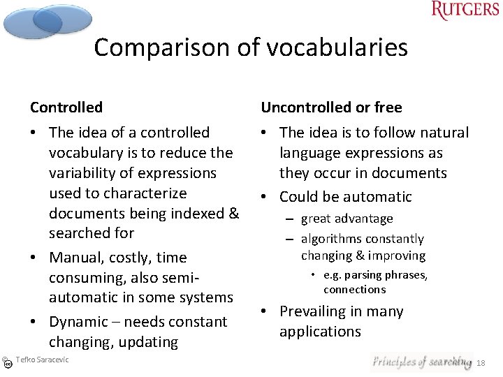 Comparison of vocabularies Controlled Uncontrolled or free • The idea of a controlled •