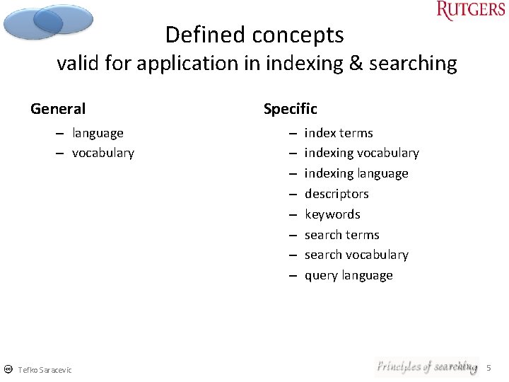Defined concepts valid for application in indexing & searching General – language – vocabulary