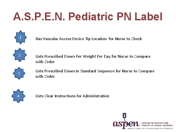 A. S. P. E. N. Pediatric PN Label 1 Has Vascular Access Device Tip