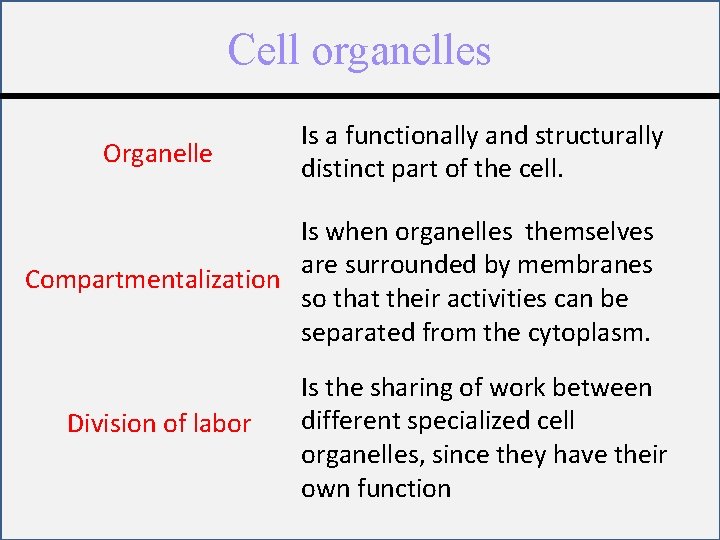 Cell organelles Organelle Is a functionally and structurally distinct part of the cell. Is