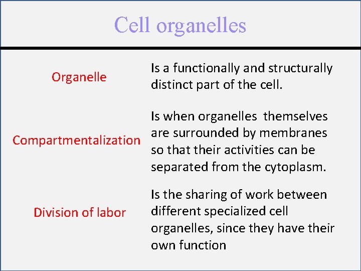 Cell organelles Organelle Is a functionally and structurally distinct part of the cell. Is