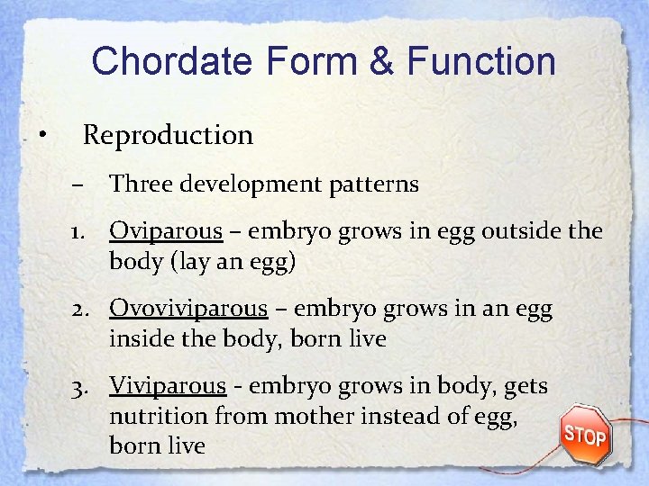Chordate Form & Function • Reproduction – Three development patterns 1. Oviparous – embryo