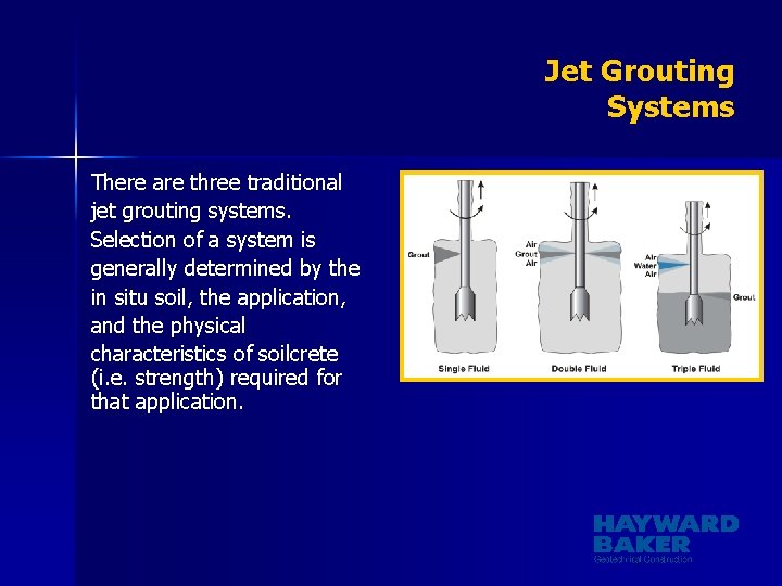 Jet Grouting Systems There are three traditional jet grouting systems. Selection of a system