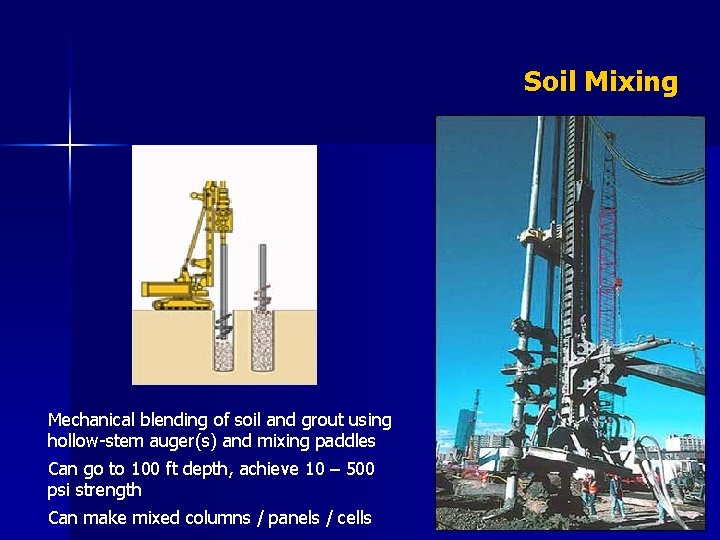 Soil Mixing Mechanical blending of soil and grout using hollow-stem auger(s) and mixing paddles