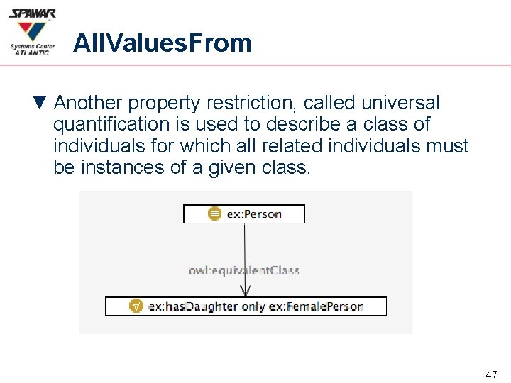 All. Values. From ▼ Another property restriction, called universal quantification is used to describe