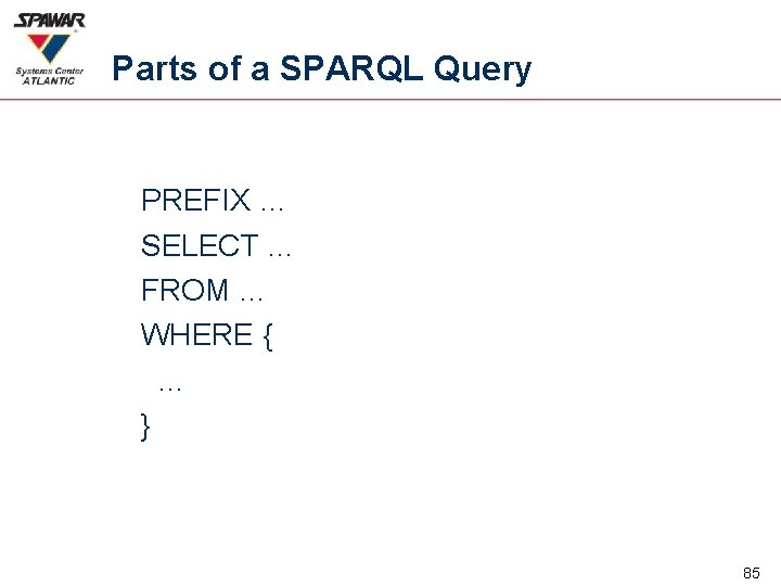 Parts of a SPARQL Query PREFIX … SELECT … FROM … WHERE { …