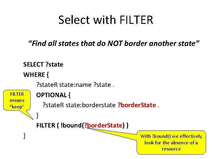 Select with FILTER “Find all states that do NOT border another state” SELECT ?