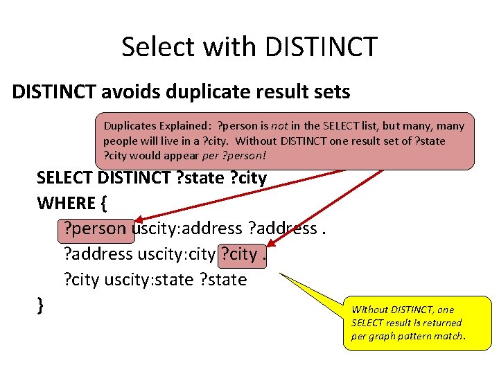 Select with DISTINCT avoids duplicate result sets Duplicates Explained: ? person is not in