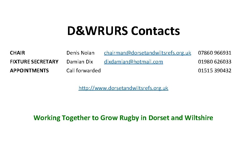 D&WRURS Contacts CHAIR Denis Nolan chairman@dorsetandwiltsrefs. org. uk 07860 966931 FIXTURE SECRETARY Damian Dix