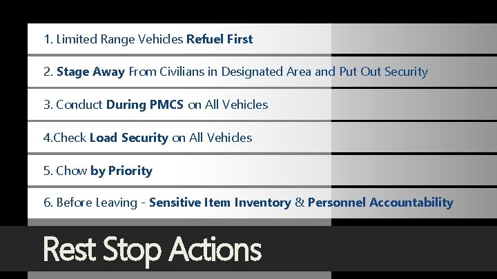 1. Limited Range Vehicles Refuel First 2. Stage Away From Civilians in Designated Area