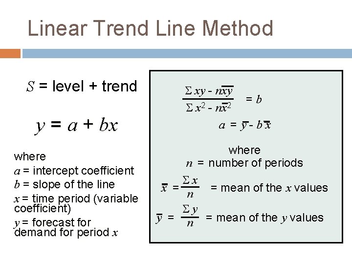 Linear Trend Line Method S = level + trend y = a + bx