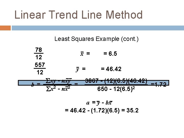 Linear Trend Line Method Least Squares Example (cont. ) 78 12 557 12 x