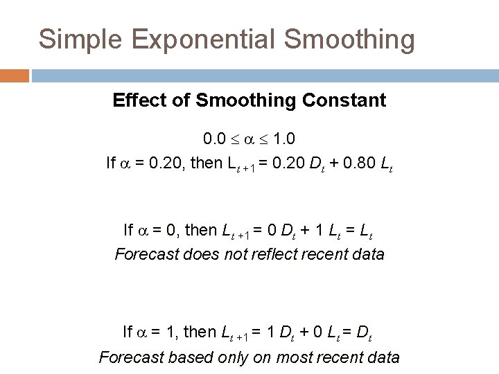 Simple Exponential Smoothing Effect of Smoothing Constant 0. 0 1. 0 If = 0.