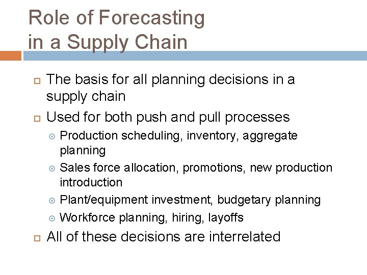 Role of Forecasting in a Supply Chain The basis for all planning decisions in