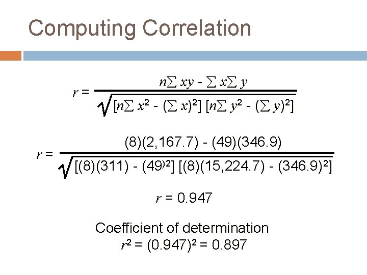 Computing Correlation r= r= n xy - x y [n x 2 - (