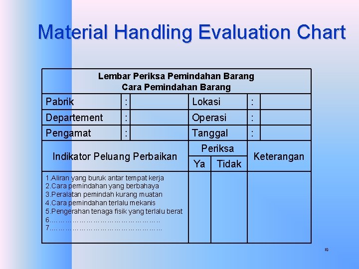 Material Handling Evaluation Chart Lembar Periksa Pemindahan Barang Cara Pemindahan Barang Pabrik : Lokasi