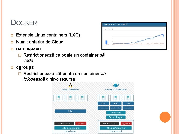 DOCKER Extensie Linux containers (LXC) Numit anterior dot. Cloud namespace � Restricționează ce poate