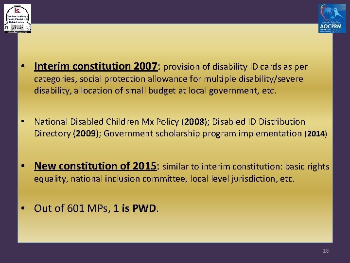  • Interim constitution 2007: provision of disability ID cards as per categories, social