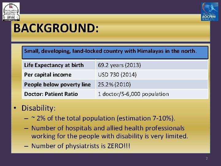 BACKGROUND: Small, developing, land-locked country with Himalayas in the north. Life Expectancy at birth