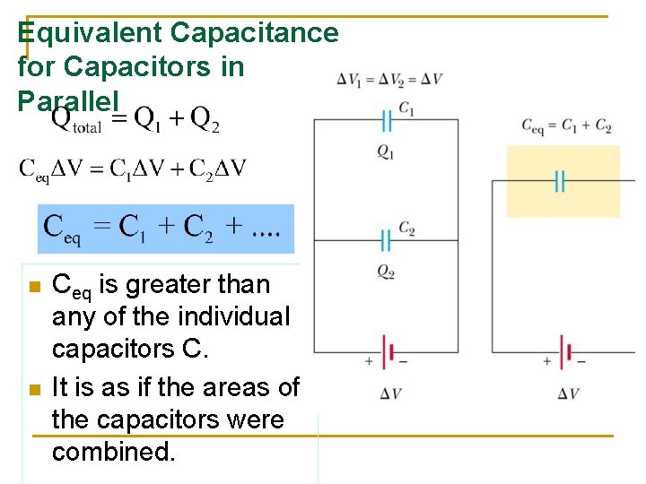 Equivalent Capacitance for Capacitors in Parallel n n Ceq is greater than any of