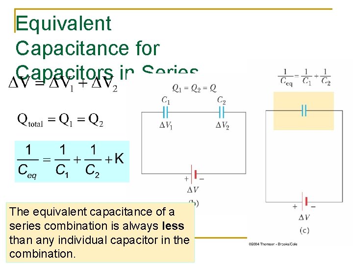 Equivalent Capacitance for Capacitors in Series The equivalent capacitance of a series combination is