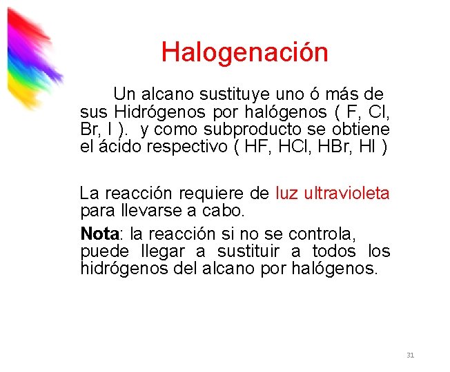 Halogenación Un alcano sustituye uno ó más de sus Hidrógenos por halógenos ( F,